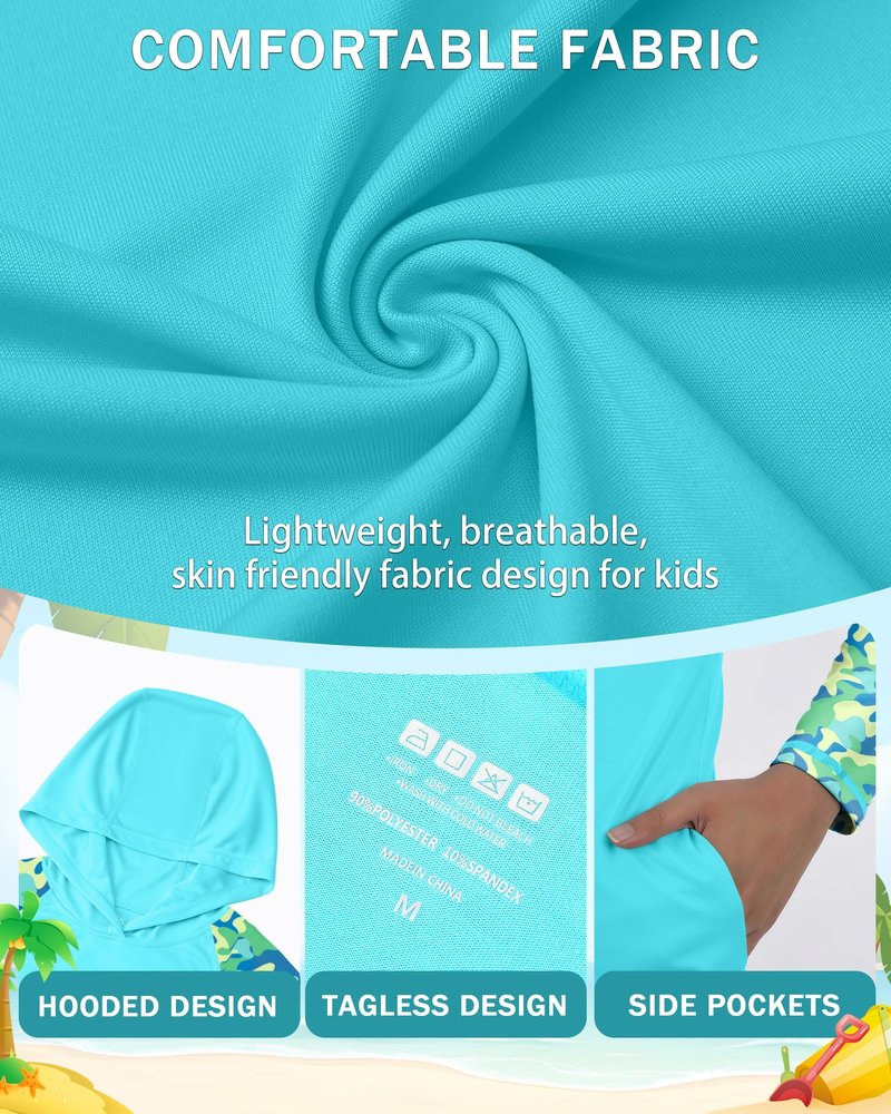 DRONIRING Boys Rash Guard Swim Hoodie, UPF 50+ UV Sun Protection Long Sleeve Fishing Shirt, Kids Youth SPF Water Shirts Crystal Blue