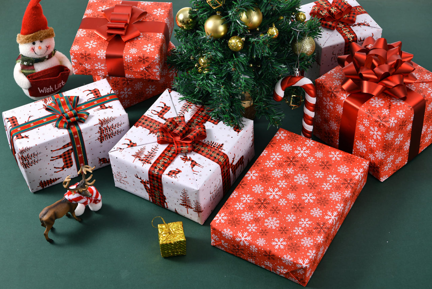 Sikiweiter Christmas Wrapping Paper Rolls -Mini Roll 17 Inch X 33 Feet - Reversible Plaid Reindeer and Snowflake Design Wrapping Paper(Christmas)