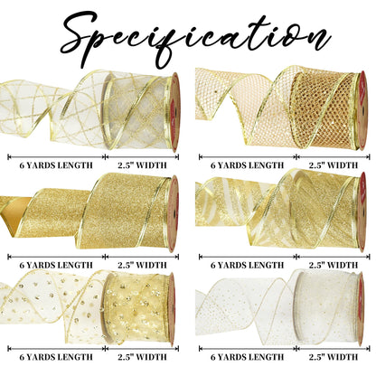 MEEDEE Gold and White Ribbon for Christmas Trees - 2.5 Inch, 6 Rolls, 36 Yards - Gold Wire Mesh Ribbon for Wreaths and Tree Decoration
