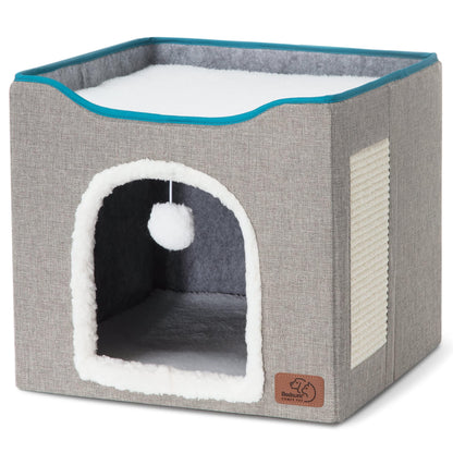 Bedsure Cat Beds for Indoor Cats - Large Cat Cave for Pet Cat House with Fluffy Ball Hanging and Scratch Pad, Foldable Cat Hideaway, 16.5x16.5x13 inches, Grey
