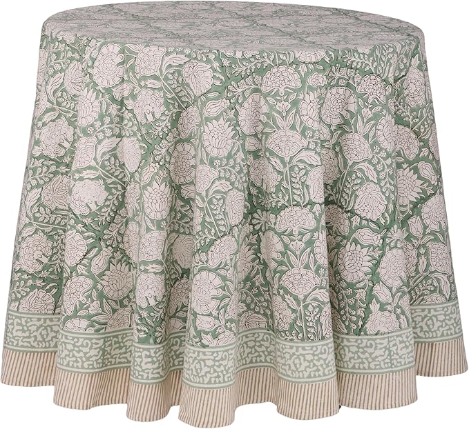 ATOSII Jade 100% Cotton Boho Round Tablecloth, Block Print Floral Table Cloth Linen for Dining, Parties, Weddings, Outdoors I Table Decor I 60" Inches Round