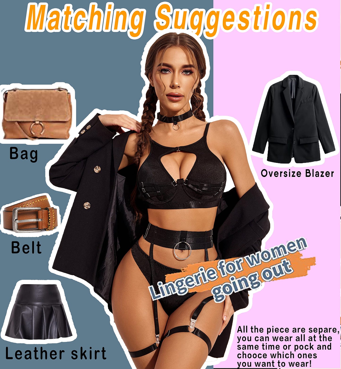 Avidlove Sexy Lingerie Set with Underwire Garter Belt Lingerie Set for Women Bra and Panty 5 Piece with Choker(No Stockings) Black