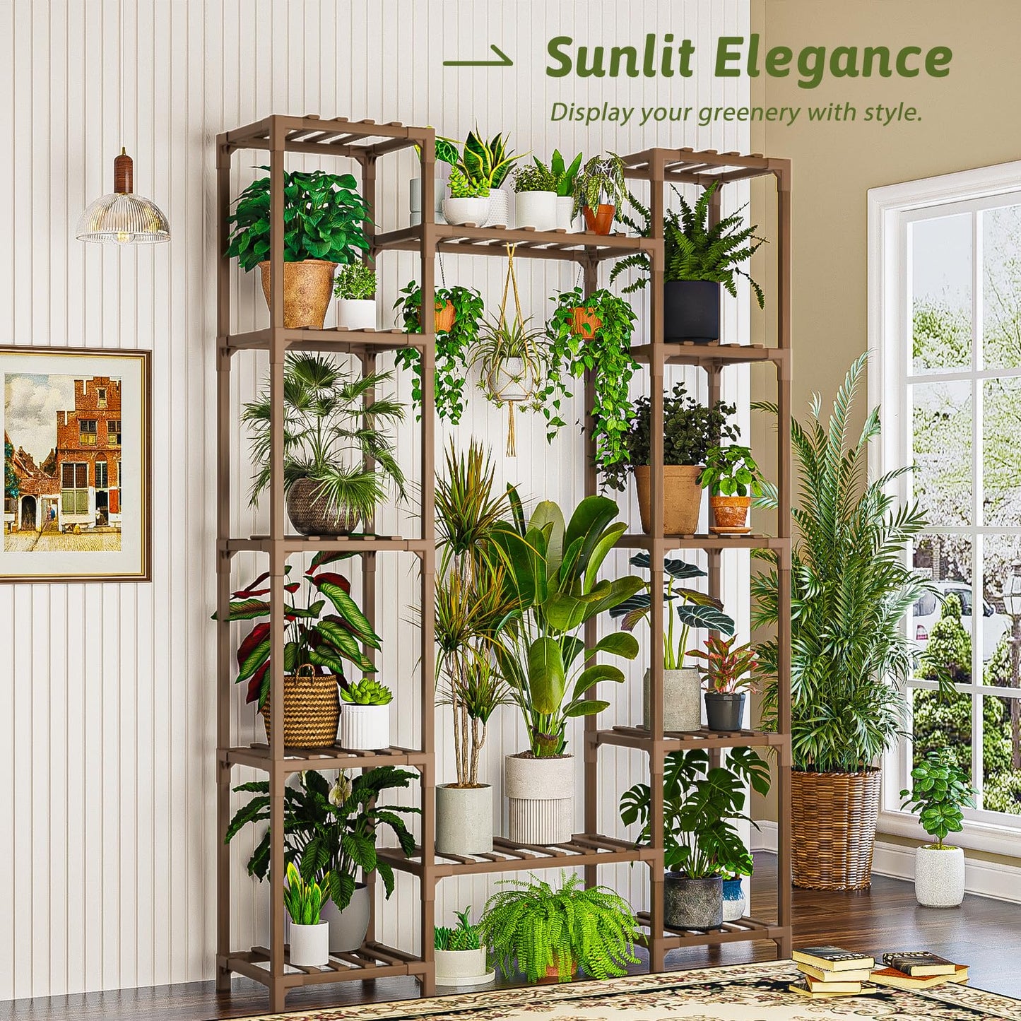 GENTINGBRO Large Plant Stand Indoor Outdoor 62.2“ Tall Plant Shelf Large Tiered Flower Stands for Multiple Display Wood Hanging Planter Holder for Living Room Garden Balcony Patio Decor