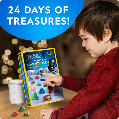 NATIONAL GEOGRAPHIC Gemstone Advent Calendar - 2025 Christmas Countdown Calendar for Kids with 24 Gems to Open Each Day, Complete Rock Collection with Mini Gemstone Dig Kit