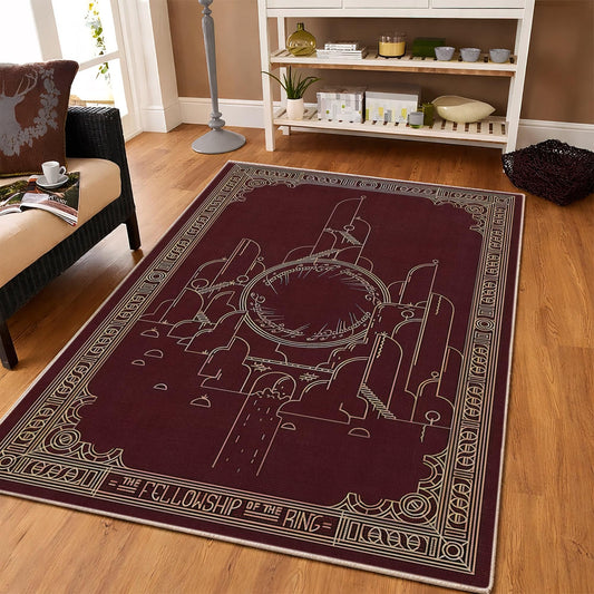 Homyra Fantastic Movie LOTR Fellowship Ring Area Rug for Movie Room, 2.6x4 feet, Burgundy Theater Carpet, Nonslip Washable, Cotton & Polyester, Nostalgic Cinema Series LOTR Rug, Flat Surface