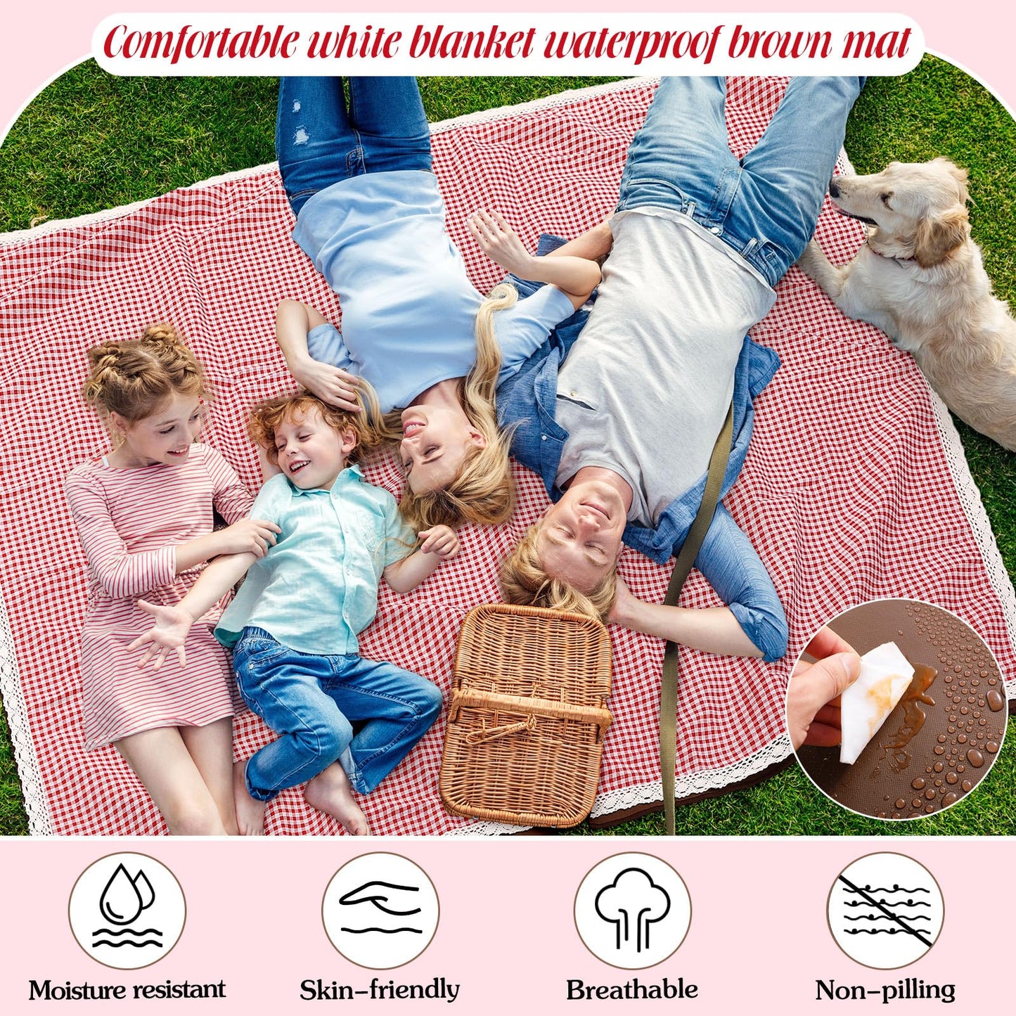VitalCozy Waterproof Picnic Blankets 59 x 78in Outdoor Blanket Foldable 2 in 1 Double Layer Sandproof Beach Mat with Carry Strap for Camping Lawn Park Beach Grass(Red White)