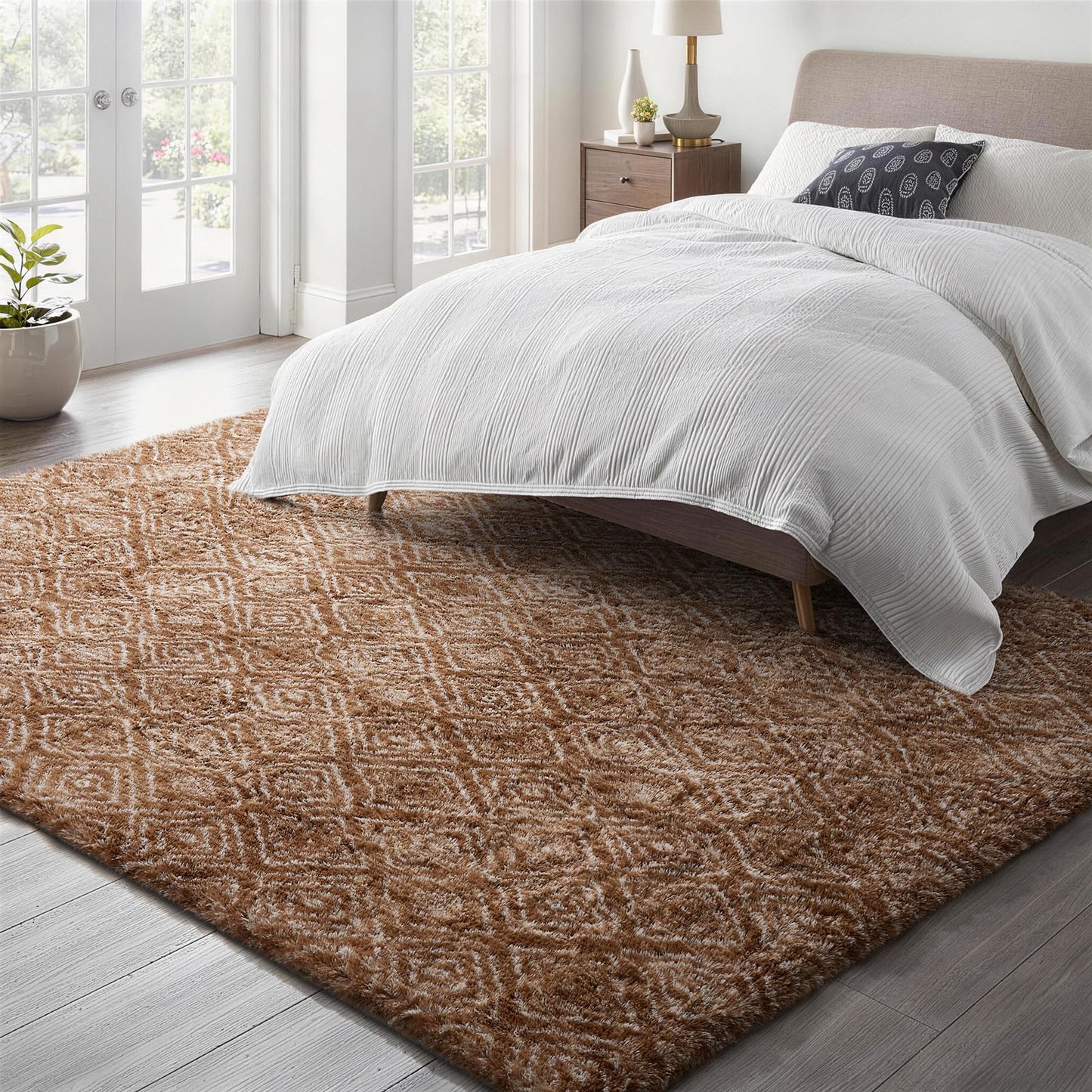 Ophanie Brown and White Diamond Striped Rugs for Living Room 5x7, Fluffy Shag Large Fuzzy Plush Soft Carpets, Shaggy Rugs for Bedroom, Carpet for Kids Boys Girls Dorm Nursery Home Decor Aesthetic
