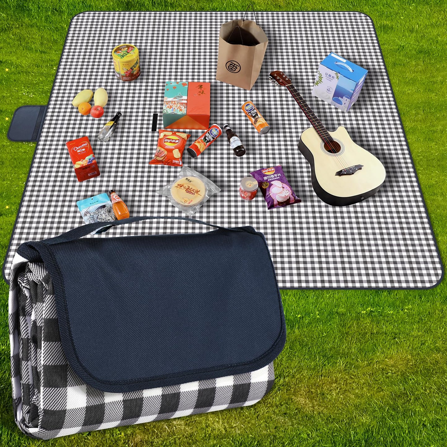 GUSUWU Picnic Blanket Waterproof Beach Rug 80''x80'' Picnic Mat Washable Lightweight with Handle Navy Blue Checkered for Hiking Travelling Outdoor Camping,Parks