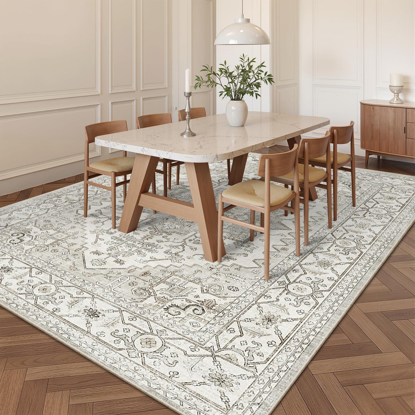 Area Rugs for Living Room - 9x12, Boho Non-Slip Low Pile Carpet Machine Washable Rugs for Bedroom, Farmhouse, Office, Dining Room (Beige)