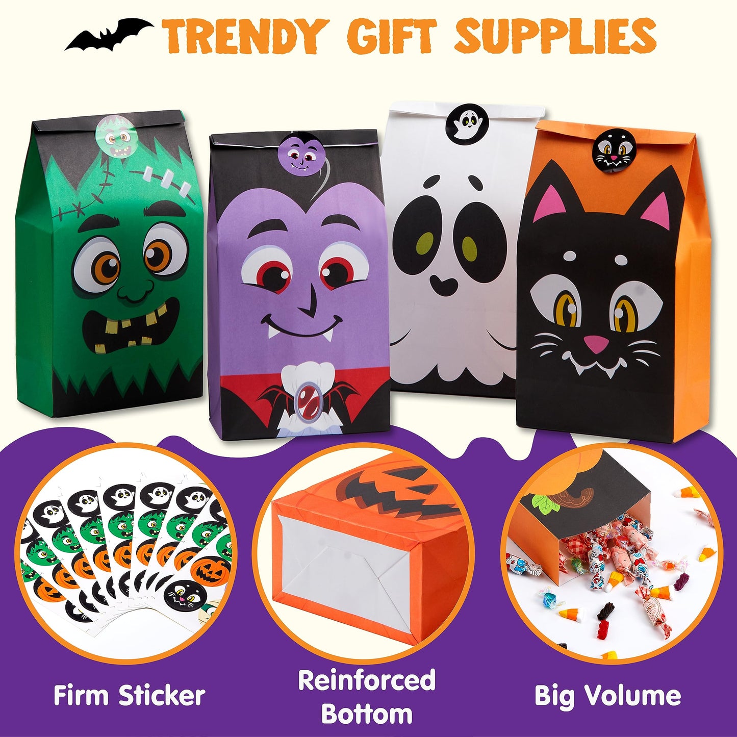 JOYIN 72PCS Halloween Treat Bags, Candy and Goodie Bags, 6 Styles with Stickers, Party Supplies for Kids Halloween Party Favors Exchange, Holiday Pastries Supplies
