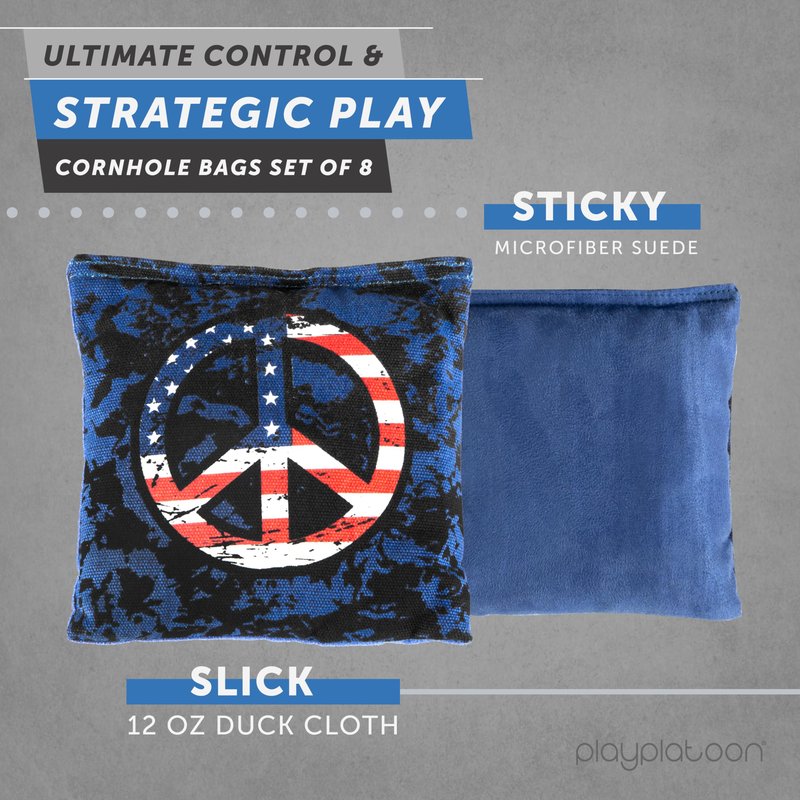Play Platoon Professional Cornhole Bags - Set of 8 Regulation All Weather Double Sided - Sticky Side/Slick Side Bean Bags for Pro Corn Hole Game, Slick Duck Canvas & Sticky Suede - Peace
