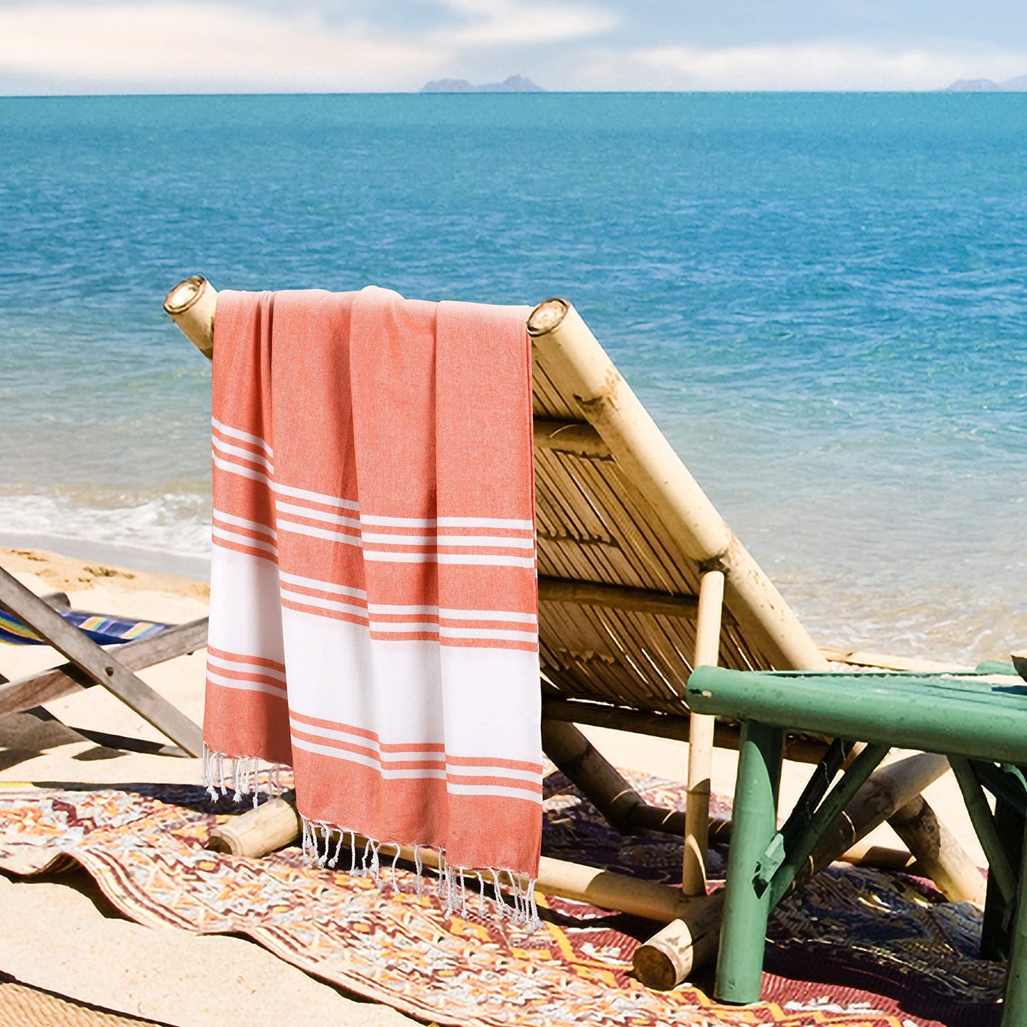 Goroly Home Cotton Turkish Peshtemal Beach Towel, Extra Large, Thin Quick Dry Sand Free Pool & Swim Towel, Bathing Blanket, Travel Essentials, (Orange, 36x71 Inches)