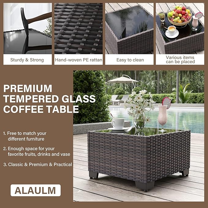 ALAULM 7 Pieces Patio Furniture Set with Fire Pit Table 55000BTU, Oversized Seat/Armrest and High Back Wicker Conversation Set with Thick Cushion for Backyard, Garden, Turquoise