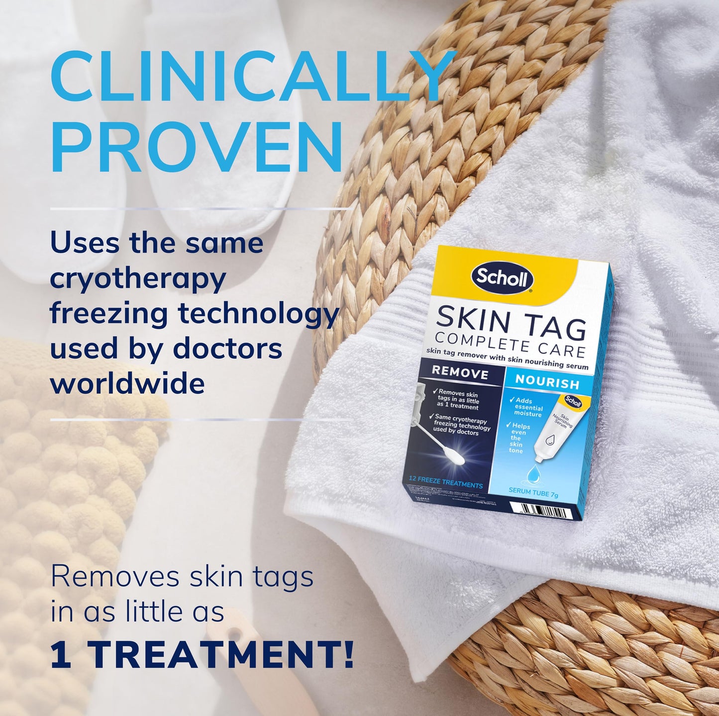 Scholl Complete Care Skin Tag Removal Kit - Safe & Effective Skin Tag Remover - Moisturising Serum Restores Skin's Appearance - Clinically Proven - 12 Treatments Plus Hydrating Serum