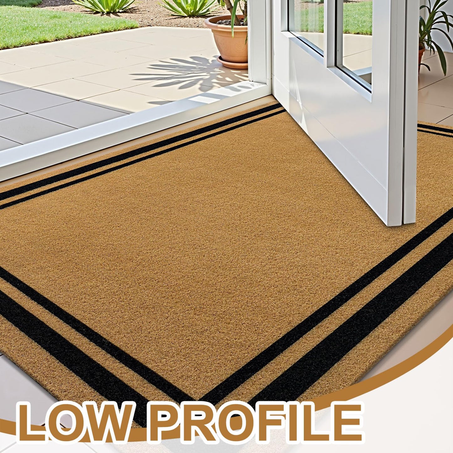 OLANLY Front Door Mat, Low Profile Doormat, Stain and Fade Resistant, Easy to Clean, for Indoor and Outdoor Entrances, Patio Porch or Entryway, Brown (30x17 Inch, Classic Border)