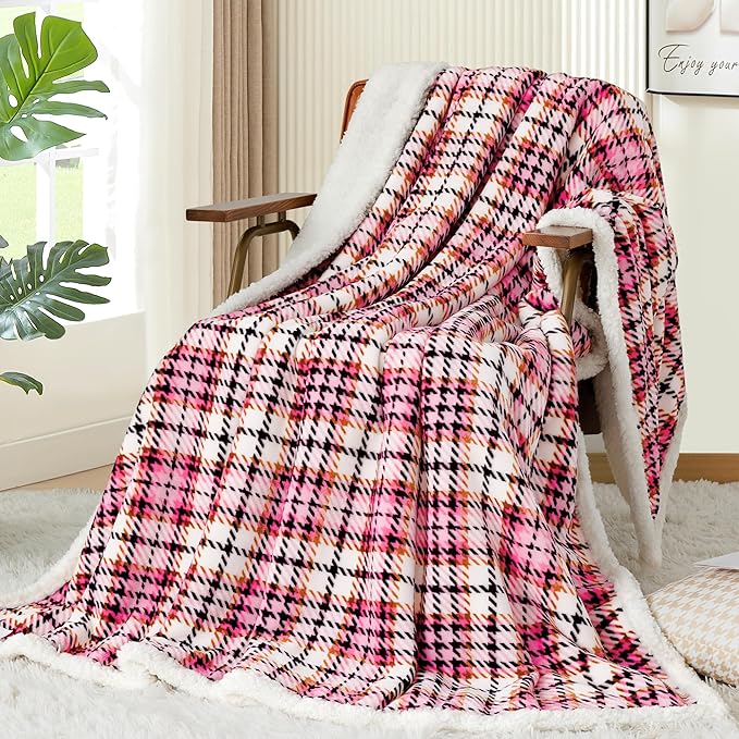 Touchat Sherpa Plaid Throw Blanket, 60" X 70" Fuzzy Fluffy Cozy Soft Blanket, Fleece Flannel Plush Twin Size Microfiber Blanket for Couch Bed Sofa, Black&Pink