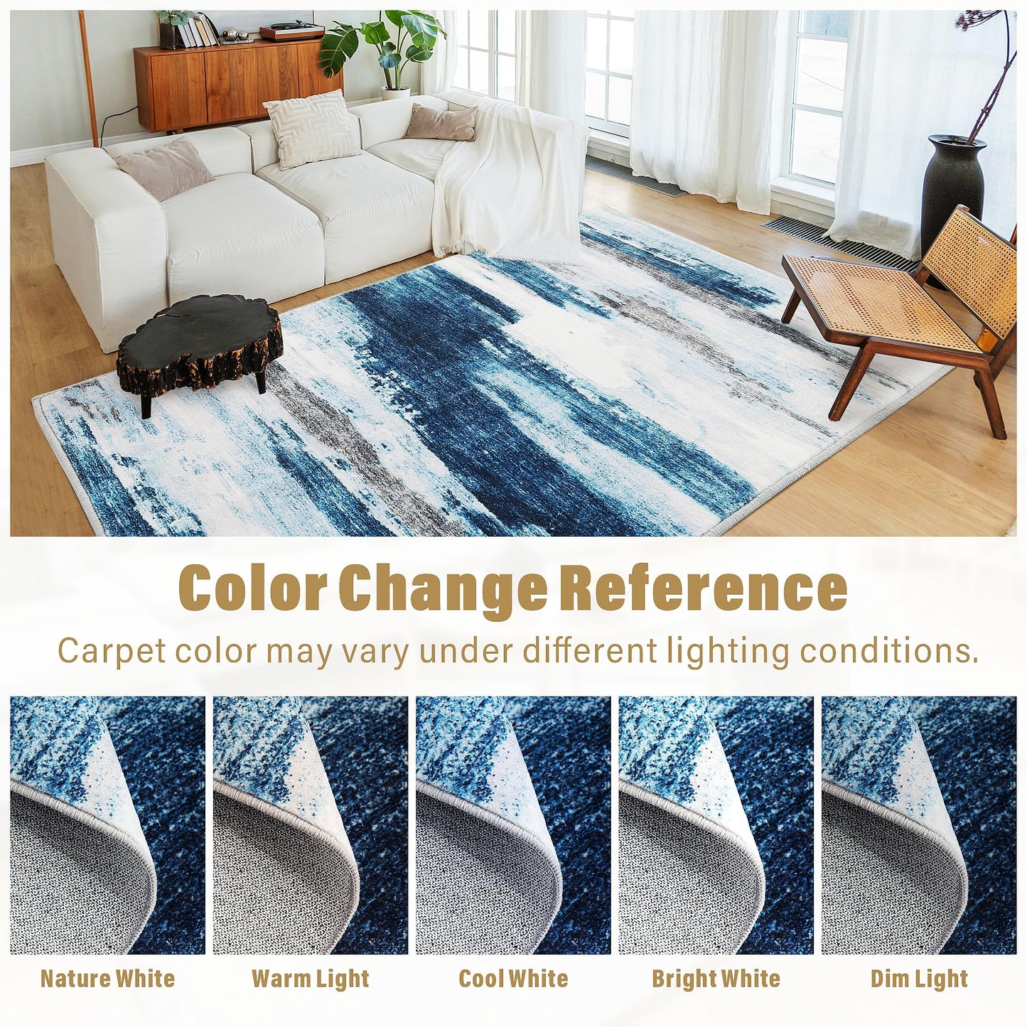 Carvapet 8x10 Area Rug - Midnight Navy Blue Modern Abstract Carpet, Ultra Soft Silky Faux Cashmere Rug, Extra Large Low Pile Skid-Resistant Floor Mat for Grand Living Room Dining Room Bedroom