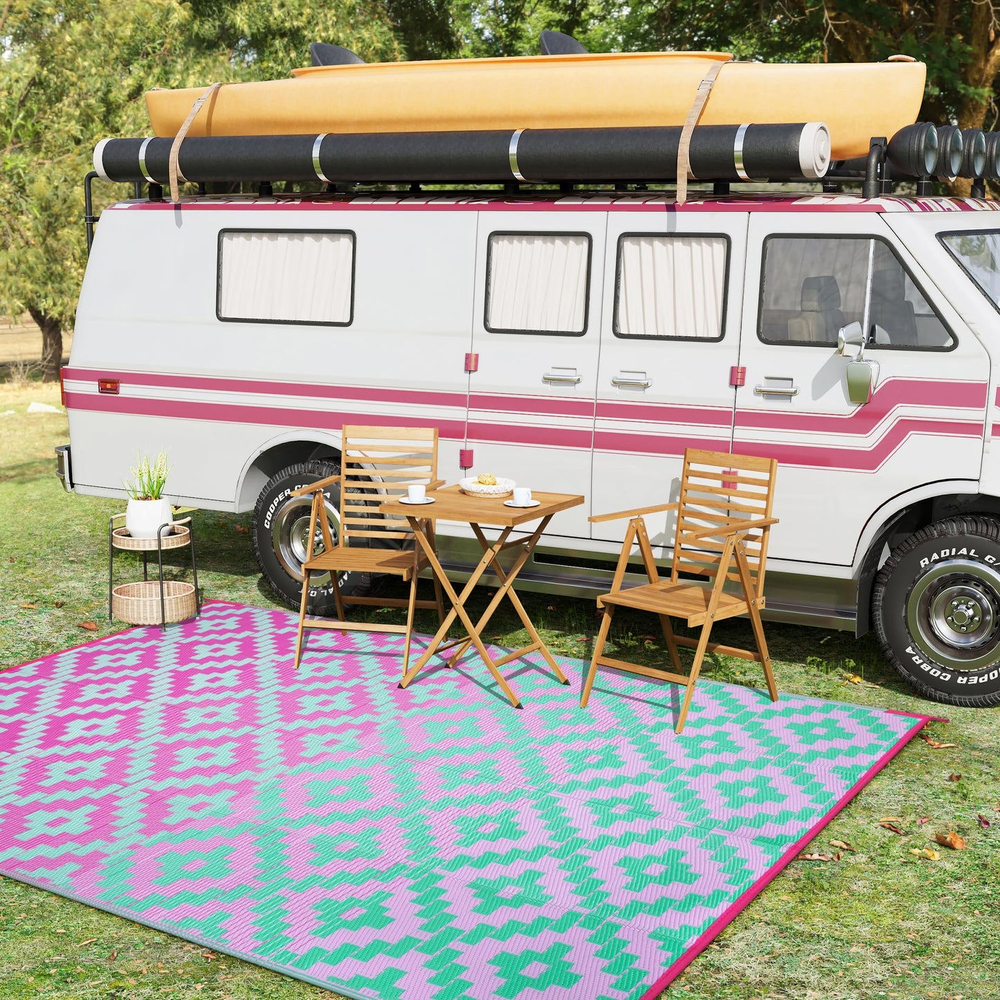 Anidaroel Ombre Outdoor Area Rugs 8x10 Waterproof, Reversible Plastic Straw Outside Rug for Patios Clearance, Large Outdoor Area Rug for RV Camping, Picnic, Camper, Backyard(Green&Pink,8‘x10')