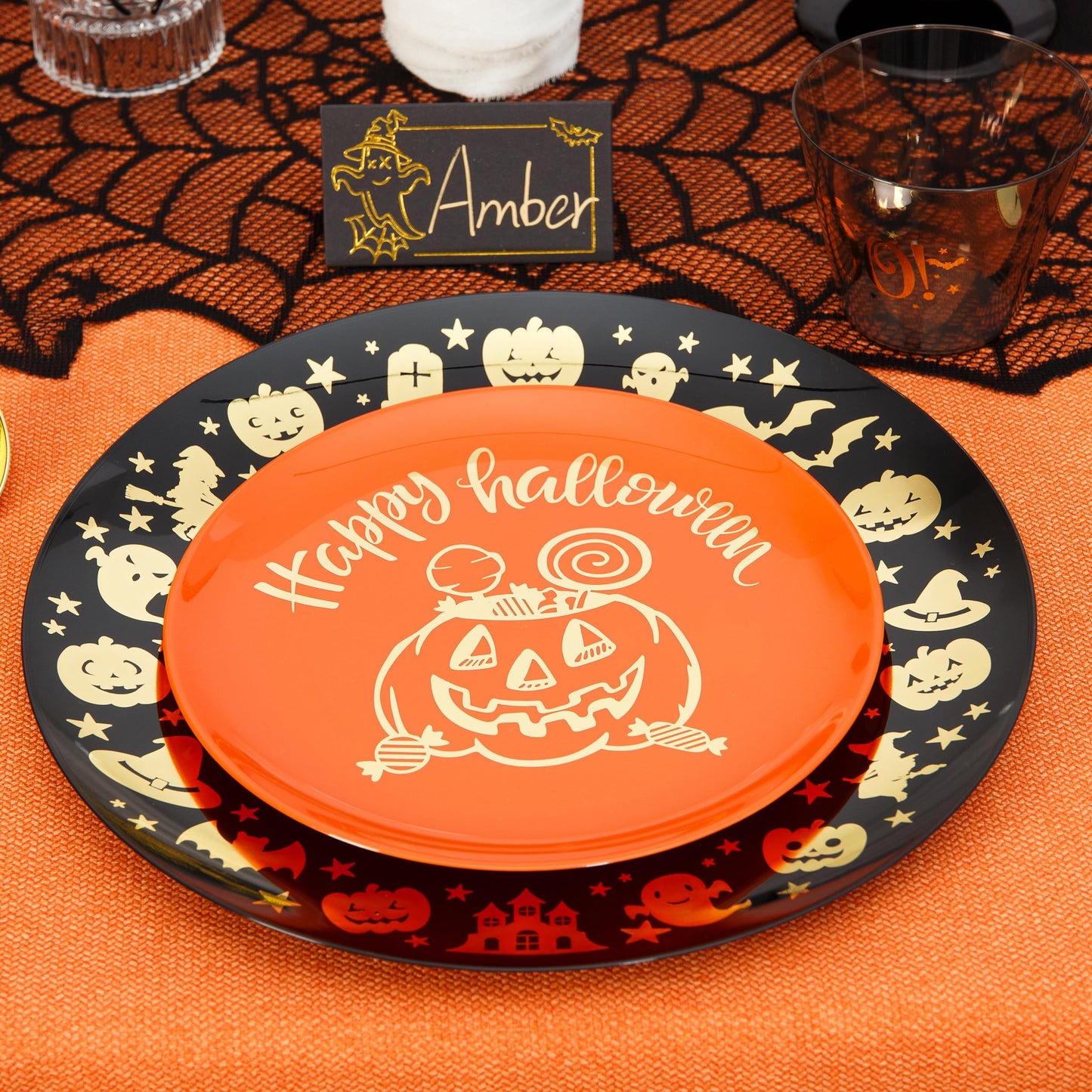 ISFANGCO 60 PCS Plastic Spoof Plates Set for 30 Guests-30 Black Dinner Plates with Gold Ghost Spider,30 Orange Dessert Plate with Gold Pumpkin Lantern