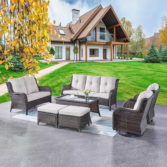 Rilyson Wicker Patio Furniture Set - 7 PC Rattan Outdoor Sectional Conversation Sets with 2 Rocking Swivel Chairs,2 Ottomans,1 Sofa,1 Loveseat and 1 Coffee Table for Porch Deck(Brown/Beige)