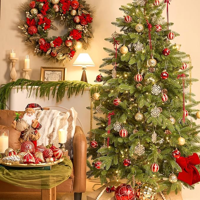 JORNOY Christmas Balls Ornaments, 30ct Shatterproof Xmas Tree Decorations, Hanging Bulbs Baubles Set with String for Holiday Home Party Decor, 2.36 inch/60mm, Red Gold