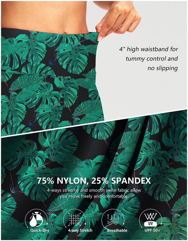 Women's 7" Long Swim Board Shorts High Waisted Quick Dry Beach Swimming Shorts for Women with Liner Pockets(Leaf,XL)