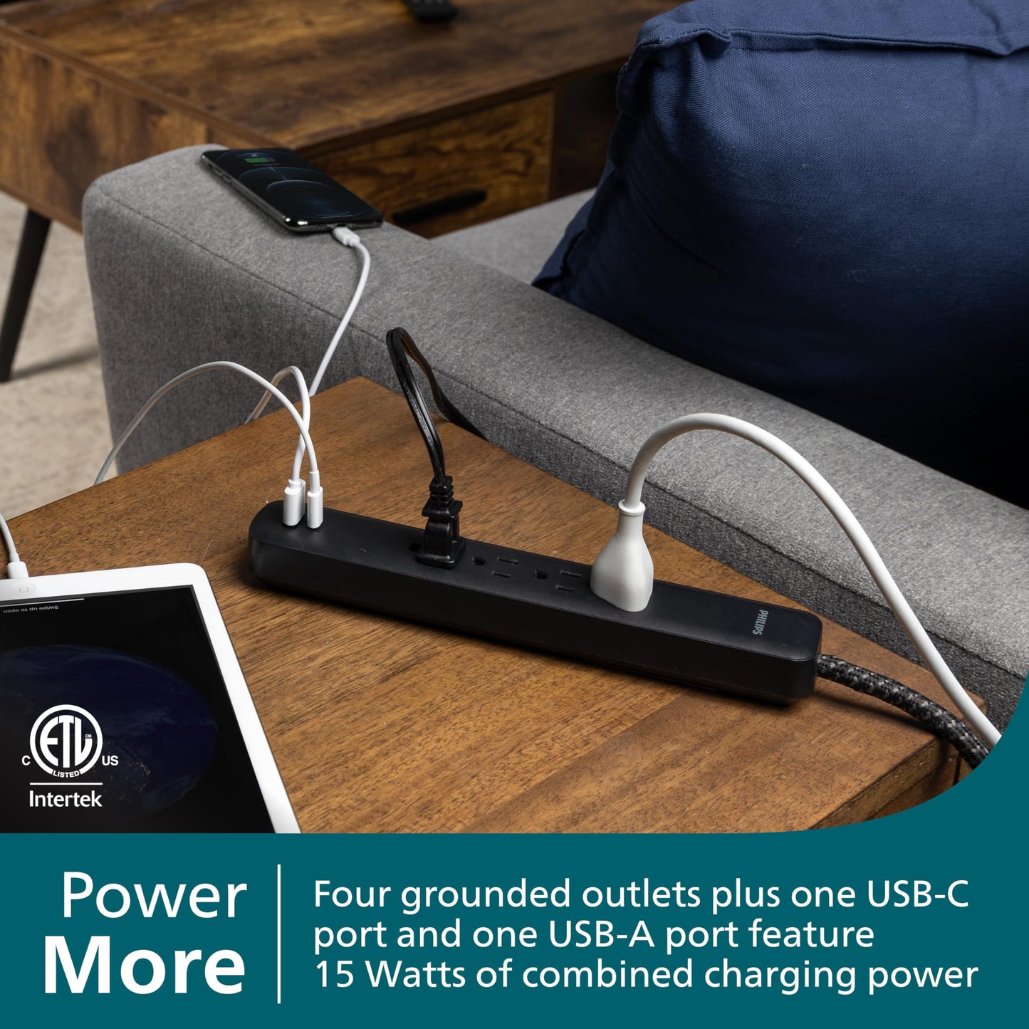 Philips 6 Outlet Power Strip Surge Protector, 6 Ft Power Cord, Designer Braided Extension Cord, Flat Plug, Perfect for Office or Home Décor, 1080 Joules, White, SPC3054WA/37