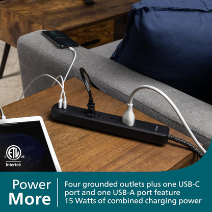Philips 6 Outlet Power Strip Surge Protector, 6 Ft Power Cord, Designer Braided Extension Cord, Flat Plug, Perfect for Office or Home Décor, 1080 Joules, White, SPC3054WA/37