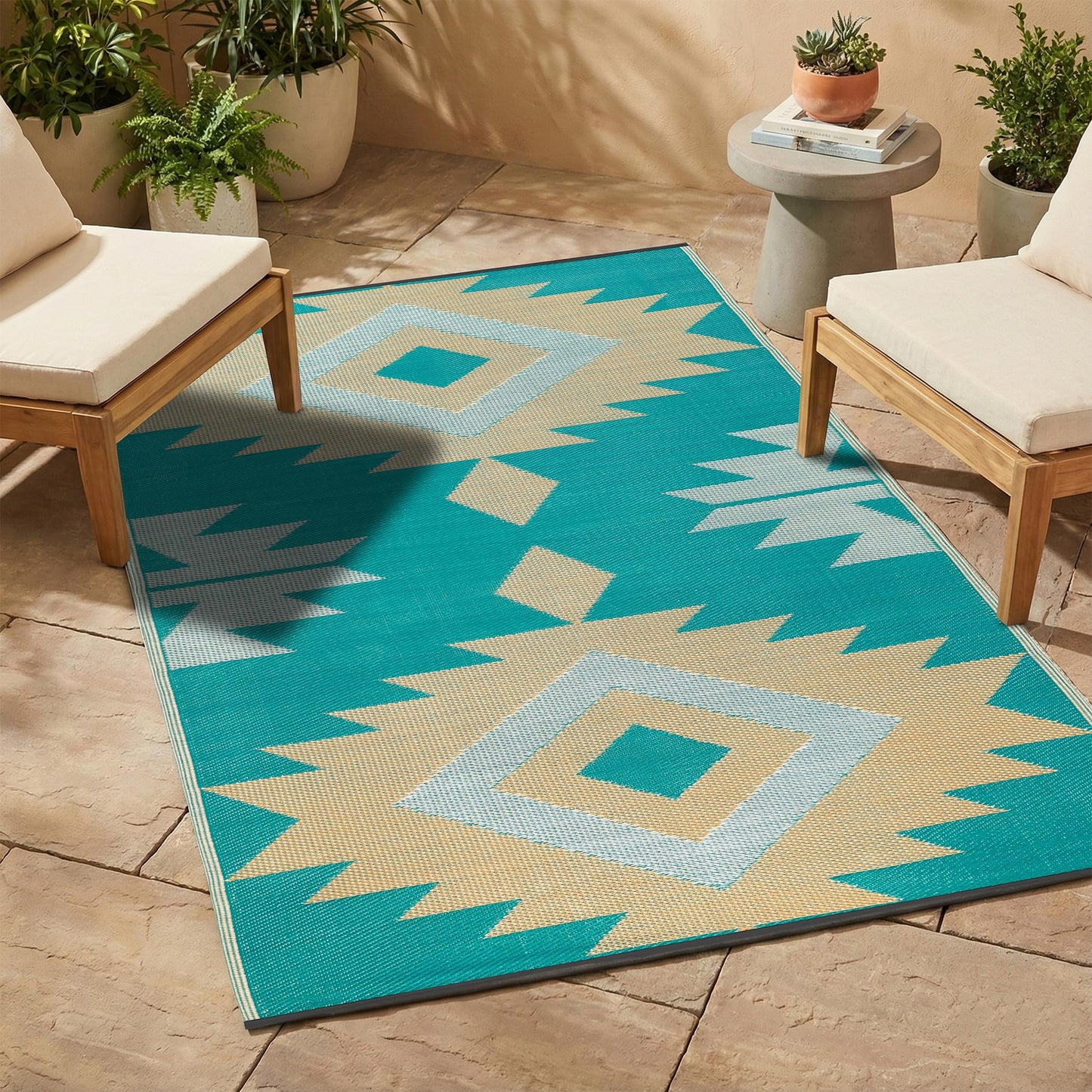 FH Home Outdoor Rug - Waterproof, Fade Resistant, Reversible - Premium Recycled Plastic - Geometric - Porch, Deck, Balcony, Mudroom, Laundry Room, Patio - Bursa Kilim - Teal Crease Free - 3 x 5 ft