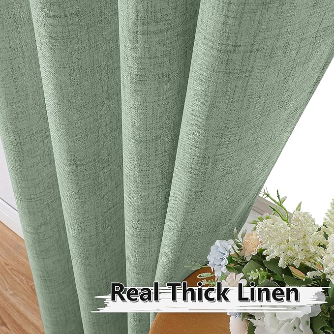 Tollpiz Linen Curtains Living Room Rod Pocket Semi Sheer Curtain Burlap Light Filtering Thick Linen Drapes for Bedroom, 38 x 63 inches Long, Sage Green, Set of 2 Panels