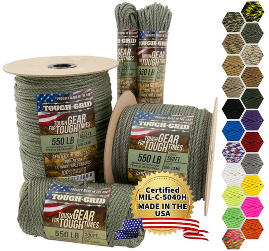 TOUGH-GRID 550 Paracord Rope Nylon Parachute Cord, Made in USA Survival Kit, Outdoor Adventures, Camping, Tactical Gear & Emergency Supplies, Military Type III Mil-Spec