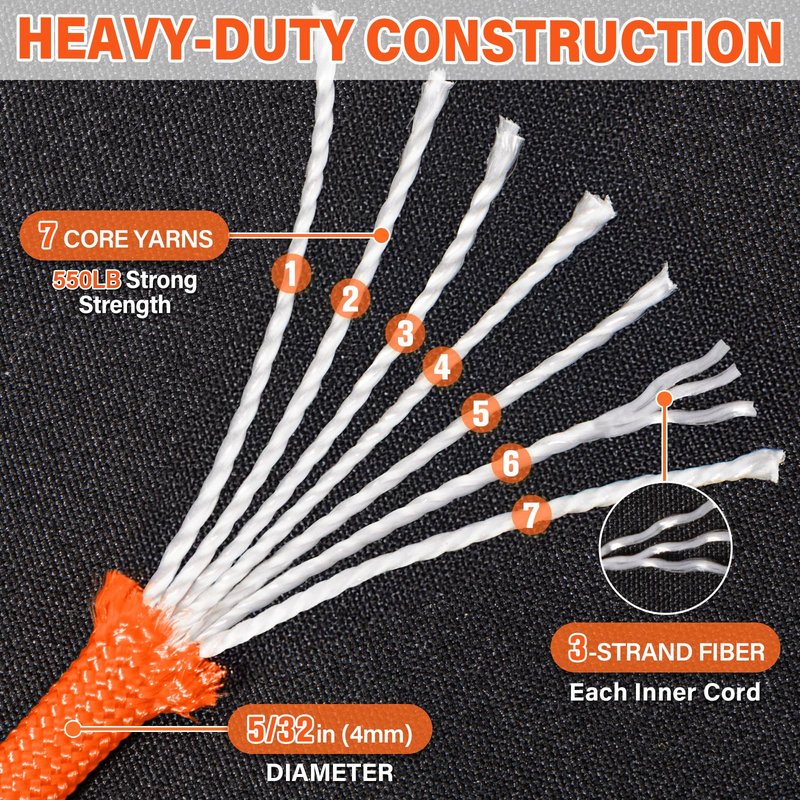 Paracord Rope 550 lb - 200ft 5/32" Parachute Cord 4MM 7-Strand para Cord - Heavy Duty Spool String for Survival,Camping Gear, Survival Bracelet, Clothesline - Orange