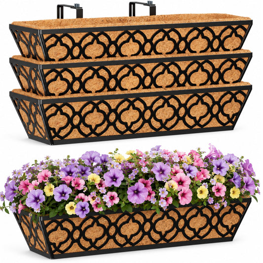 HFHOME 24 Inch Deck Railing Planter Box with Horse Trough Coco Liner, 24" Window Boxes with Coconut Coir Liner, Black Metal Hanging Flower Planter Basket for Outdoor Indoor Lawn - 4 Pack