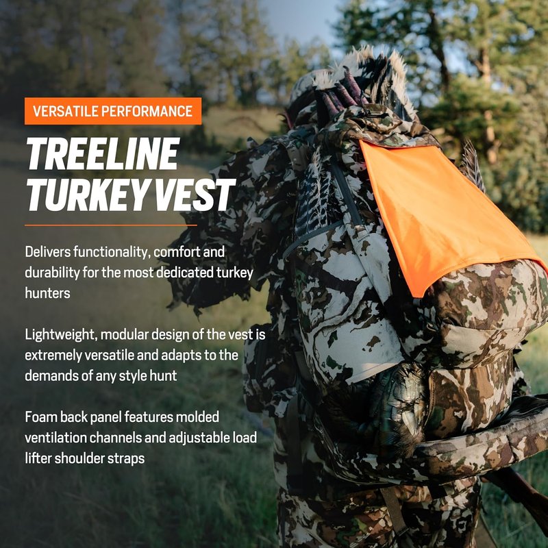 First Lite Treeline Turkey Vest - Tactical Hunting Vest with Game Pouch, Adjustable Seat & MOLLE System | Camo Design