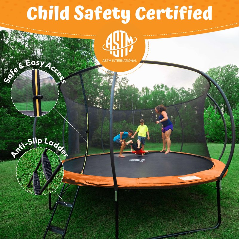 JUMPZYLLA Trampoline Outdoor 8FT 10FT 12FT 14FT 15FT 16FT with Enclosure and Ladder, ASTM Approved Recreational Trampoline for Kids and Adults, Anti-Rust Coated Frame (Orange, 15FT)
