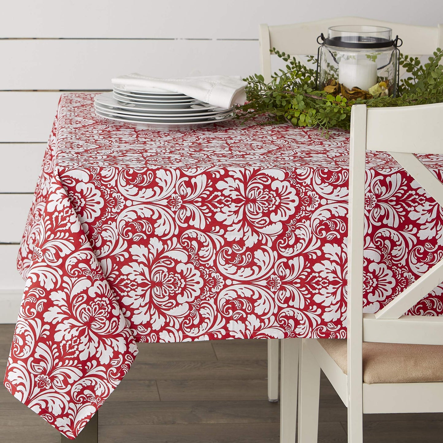 DII 100% Cotton, Machine Washable, Everyday Damask Kitchen Tablecloth for Dinner Parties, Summer & Outdoor Picnics - 60x84 Seats 6 to 8 People, Tango Red