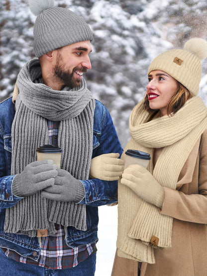 Winter Warm Hat Scarf and Touch Screen Gloves Set, Knitted Pom Beanie Hat Neck Warmer Long Scarf Winter Gloves for Women Men