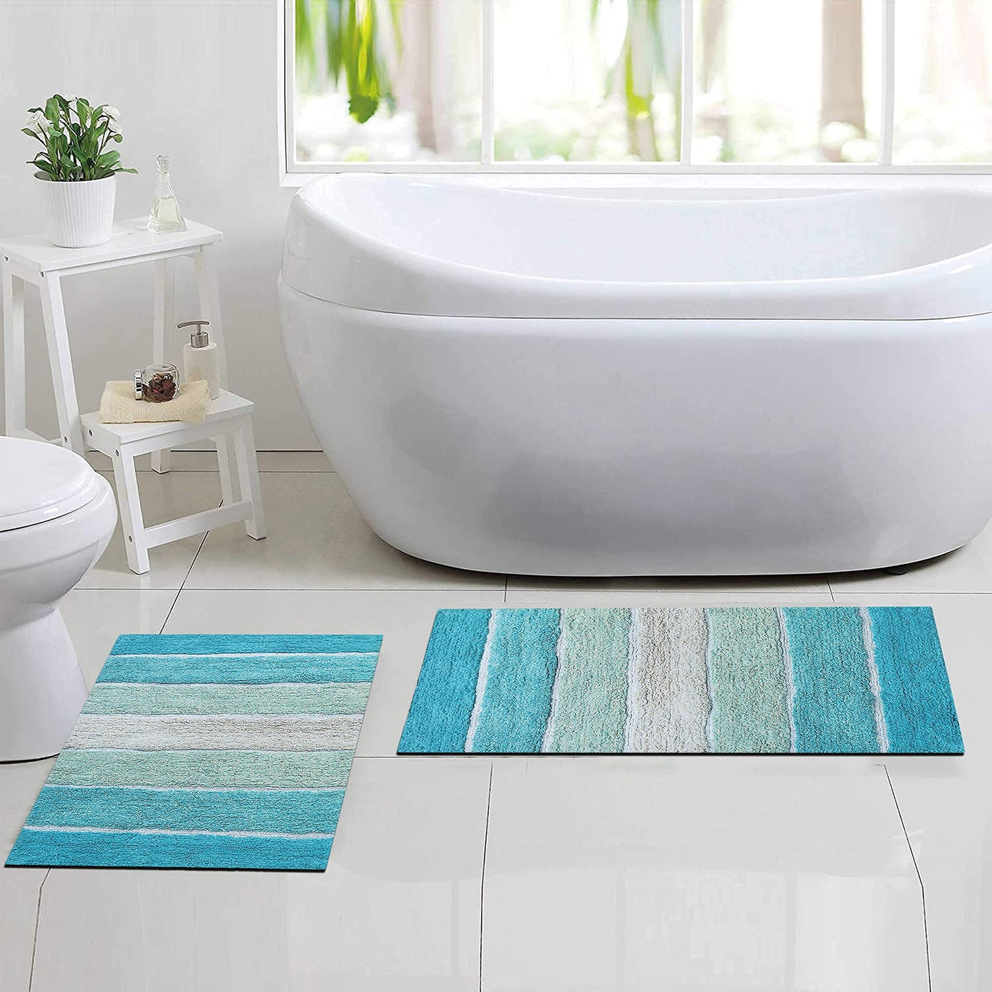 Chardin home Cordural Stripes Bath Mat, Set of 2 Bath Rugs (17 Inches x24 Inches & 21 Inches x34 Inches) | Non Slip Bathroom Rug, Machine Washable, Plush, Highly Absorbent | Aqua Turquoise Ombre