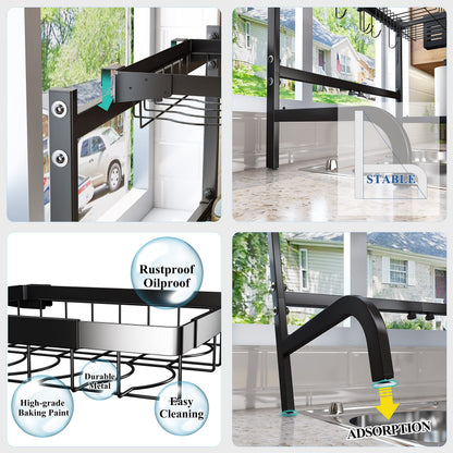 Over The Sink Dish Drying Rack, Adjustable (25.5 to 33.5 inch) 2 Tier Dish Drying Racks for Kitchen Counter with Paper Towel Holder Cup Utensil Holder ChoppingBoard Holder Sink Caddy Hooks, Black
