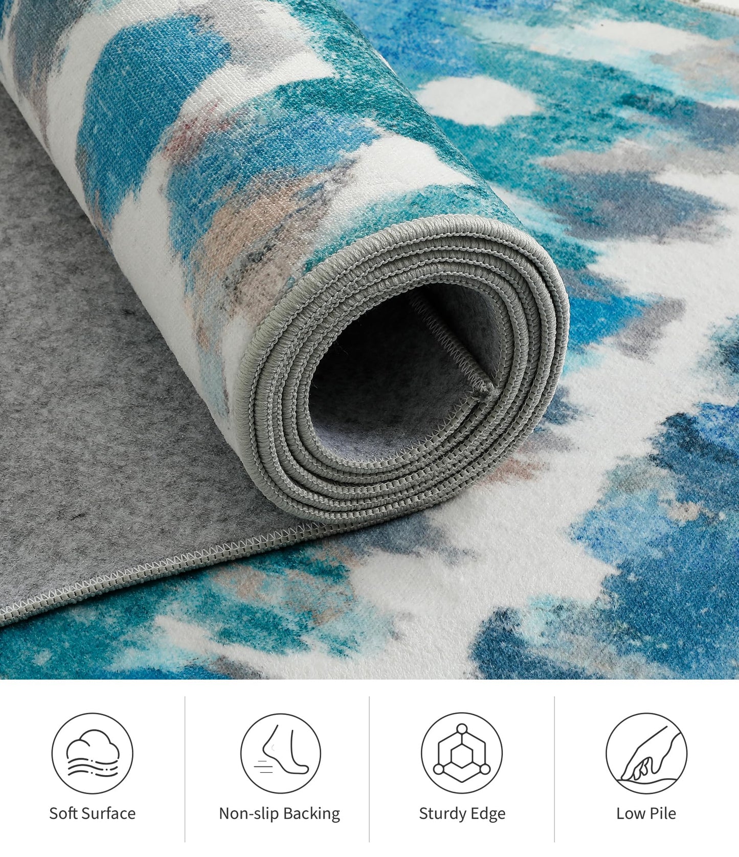 YIHOUSE Abstract Area Rug 5x7, Washable Blue Rugs for Living Room, Non-Slip Backing, Low-Pile Soft Modern Rug for Bedroom, Dining Room, Office, Nursery