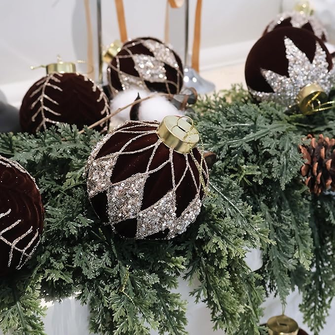 3.15INCH Brown Velvet Ornaments for Christmas Tree, 12PCS Glitter Flocked Christmas Ornaments Decorations Balls Set Decor