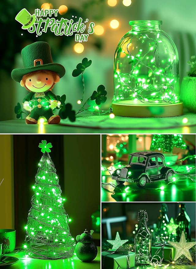 33Ft 100 LED Outdoor String Lights, Green Fairy Lights Battery Operated with Remote, Waterproof Twinkle Lights for Bedroom Dorm Patio Tapestry Backyard Garden Party Indoor St. Patrick Decoration