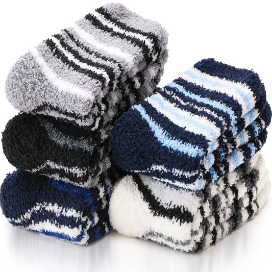 EBMORE Fuzzy Socks - Men & Women's Fluffy Warm Winter Thick Cozy Slipper Cabin Soft Stocking Stuffers Socks (Dark Stripes)