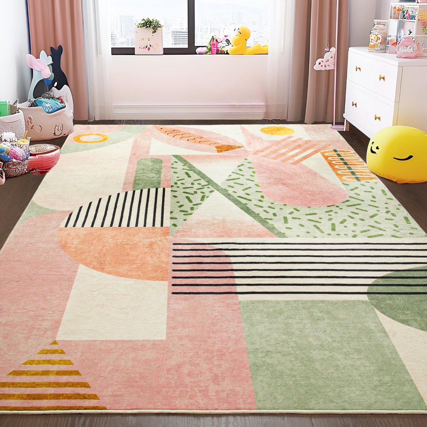 Tepook Pink Area Rug for Living Room, 8x10 Indoor Carpet for Bedroom Washable, Non-Slip Abstract Print Kids Rug for Nursery Playroom Classroom Dorm Office Dining Room
