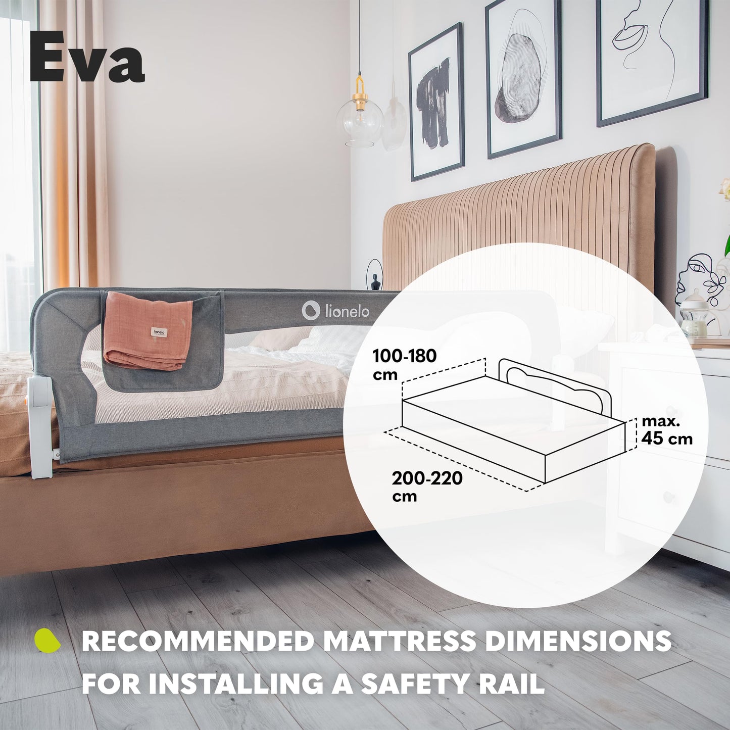 lionelo EVA Bed Rail Guard 150Lx42H cm Foldable 180° with tilt adjustment, Mesh Fabric, SecureBelt Straps Safety Barrier for Toddlers bed with Safe Lock, Storage Pocket, Durable Frame, Easy to Install