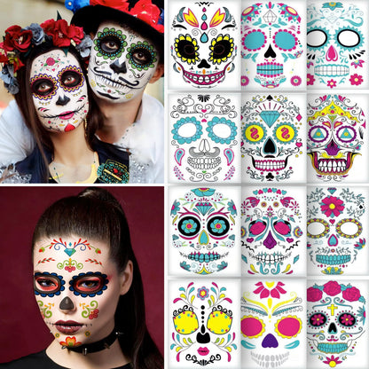 12 PCS Day of the Dead Costume Tattoos for Halloween - Temporary Sugar Skull Face Stickers for Makeup, Masquerade, Parties. Halloween tattoos, Face & Body Tattoos for Events. Day of the Dead Tattoos