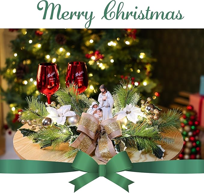 MOONET Christmas Table Centerpiece with LED Lights, White Plastic Pine Needle Ornament, Red Berry, Christmas Balls for Holiday Party, Home, Fireplace