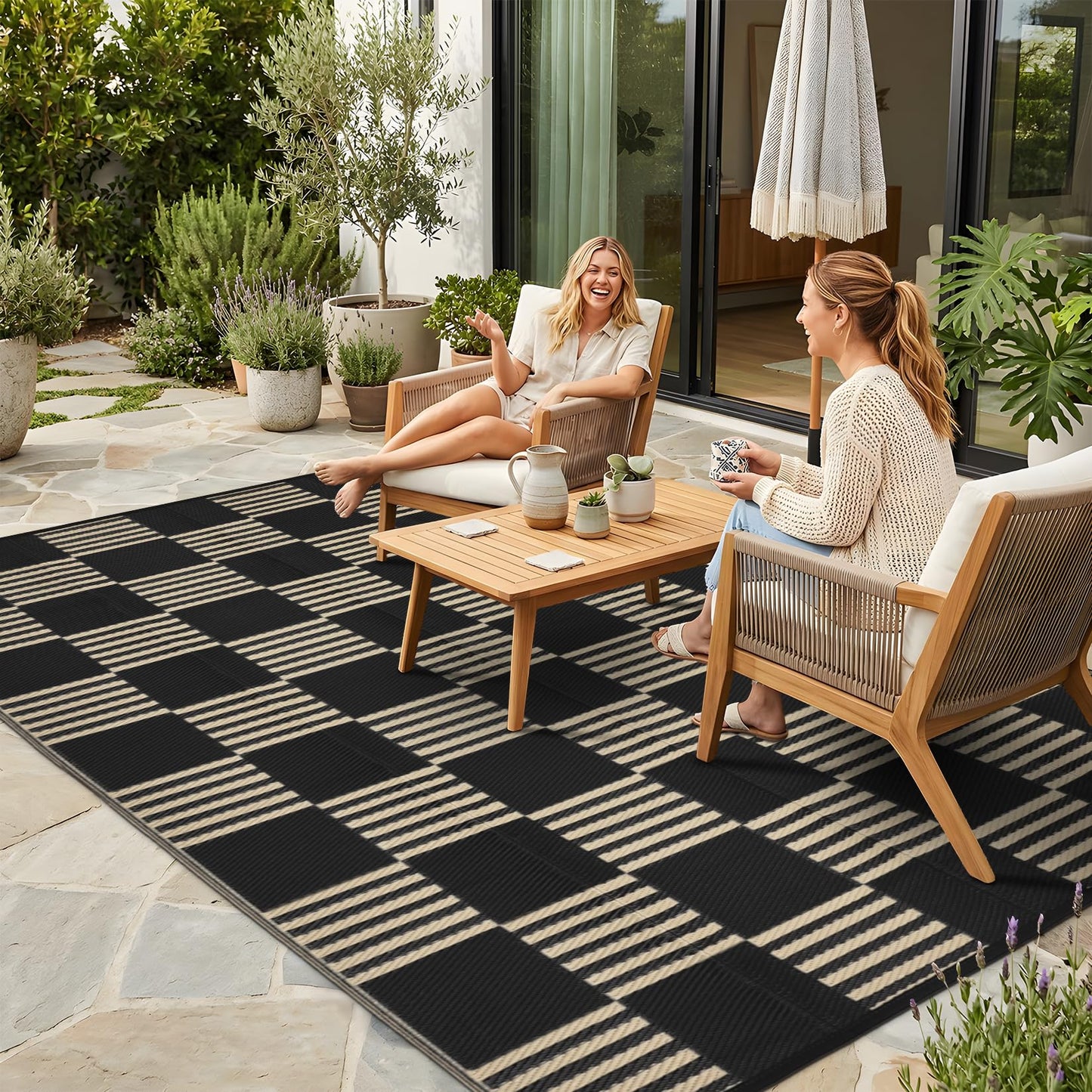 Garvee Waterproof Outdoor Rug 5x8, Checkered Foldable Plastic Straw Patio Camping Rug, Outdoor RV Carpet for Deck Camper Porch Balcony Backyard Picnic Beach Black and Brown