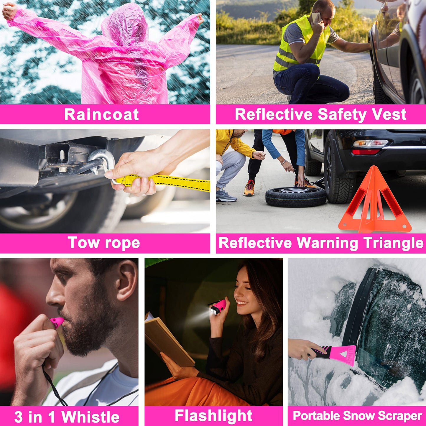 GETLMUL Pink Car Emergency Kit, Premium Roadside Emergency Car Accessories Kit with Jumper Cables, Flashlight, Shovel, Screwdriver Set, etc Car Accessories for Women