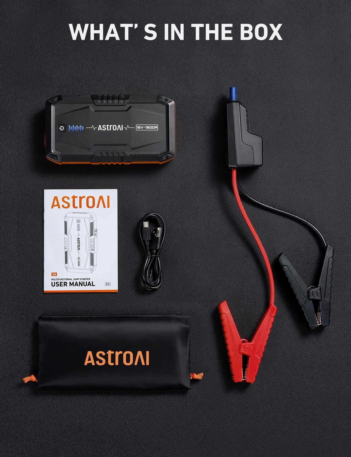 AstroAI S8 Car Battery Jump Starter, 1500A Peak Car Jumper Starter Battery Pack for Up to 6.0L Gas & 3.0L Diesel Engines, 12V Portable Jump Box with 3 Modes Flashlight and Jumper Cable (Orange)